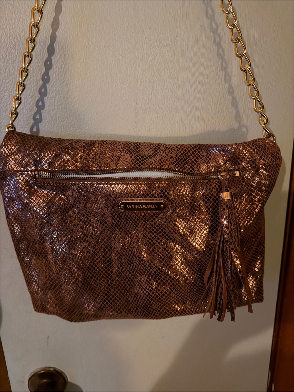 Cynthia Crowley Brown Snake-Embossed Shoulder Bag